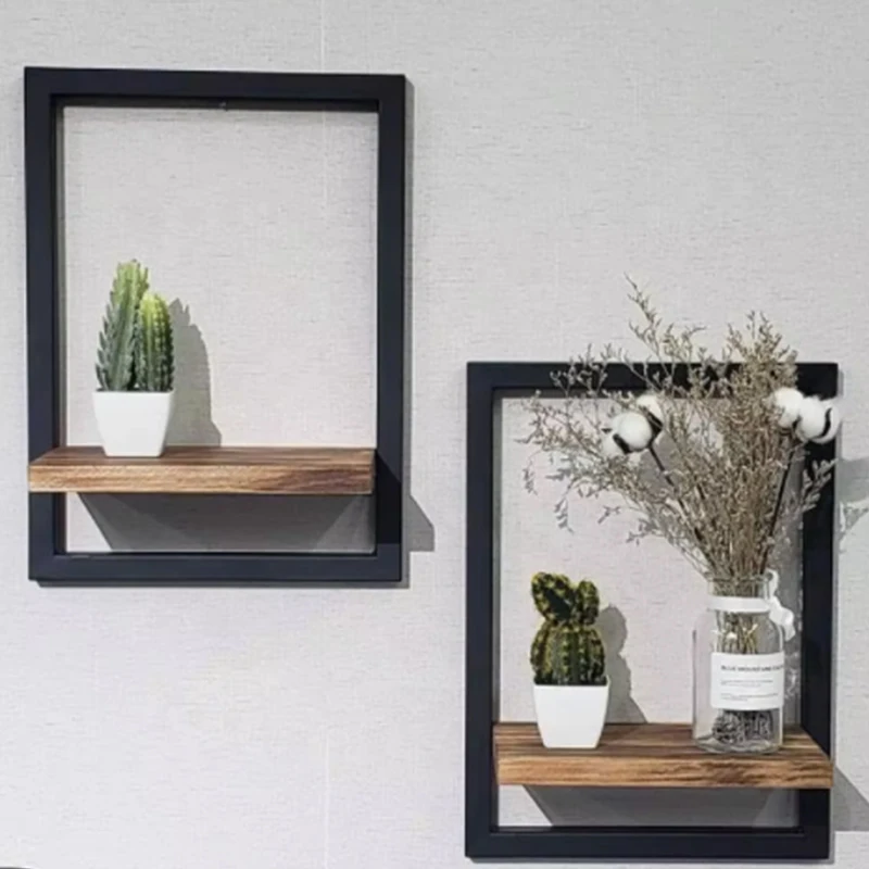 Set of 2 Wall Book Shelf Mount Wall Mounted Rectangle Metal Frame Floating Shelves Display Storage Wood Shelf for Wall Decor