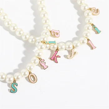 Custom Word Colorful Enamel Epoxy Imitation Pearl y2k Letter Initial Letter 26 Alphabet Charm Necklace Choker Women Jewelry