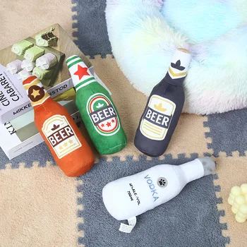 Pet Plush Squeaky Printed Beer Bottle Shape Toy Dog Bite-Resistant Clean Teeth Chew Toy Pet Supplies Interactive Toys