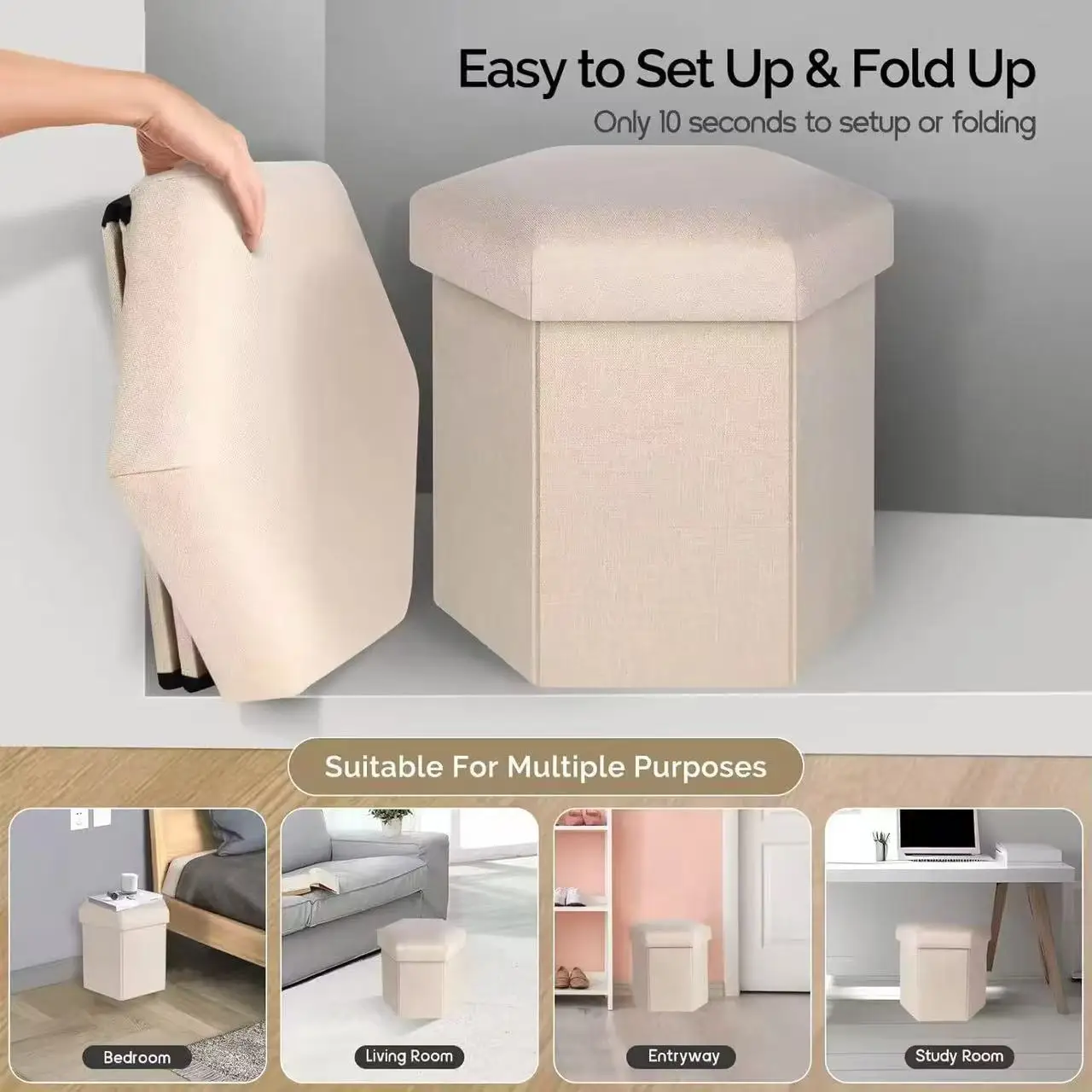 Factory Wholesale Modern Foldable  Eco Friendly Durable Linen Fabric Storage Stool Box Home Furniture Living Room