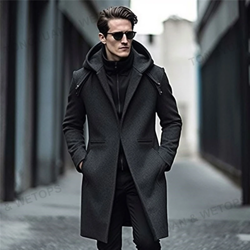 Custom Men's Wool Blend Overcoat Knee Length Trench Long Coat