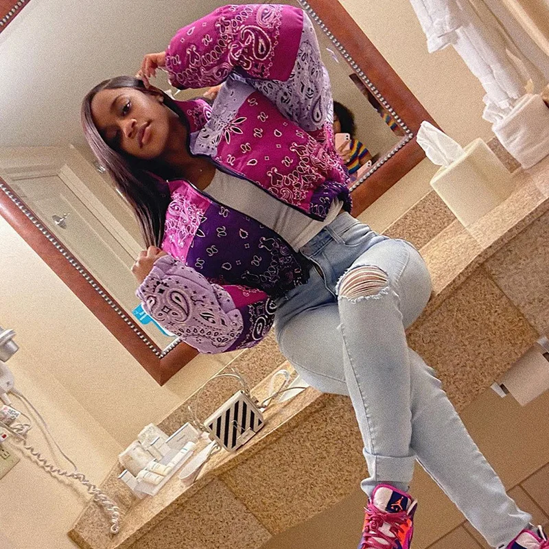 Bandana Print Cropped Puffer Jacket for Women Winter Coat Fashion