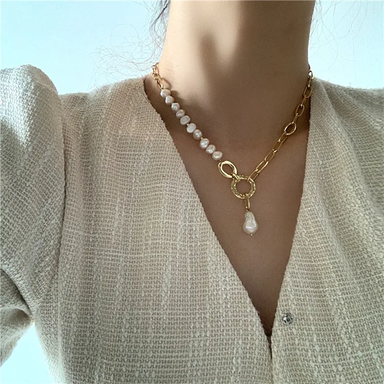 Retro Link Chain Freshwater Pearl Chain Matching Necklace Sweater 