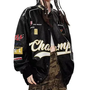 Men's Women Unisex PU Leather Oversized Graphic Embroidery Varsity Bomber Jacket Colorblock Waterproof Windproof Eco-Friendly