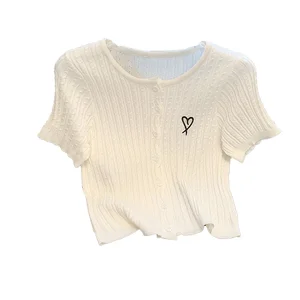 Women's Elegant Summer Casual Chic Short Sleeve Knitted T-Shirt Slim Fit Embroidered Cardigan Single Breasted Chic Breathable