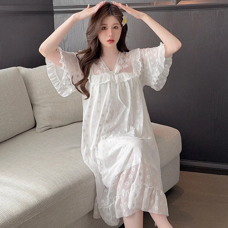 2025 Vintage PJ Modal Ladies Night Gowns Pyjama Short Transparent Sleepwear  Lace Girl Night Dress for Women Nighty Wear