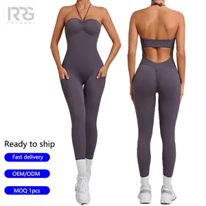 Roregal Hollow Out Back Workout Bodysuit Quick Dry Sports Scrunch Butt Lift Gym Fitness Women Yoga Jumpsuit with Pocket