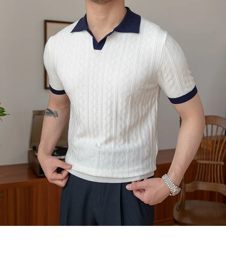 Summer breathable color matching fashion men's Polo shirt V lapel elastic jacquard texture slim short sleeve knitting