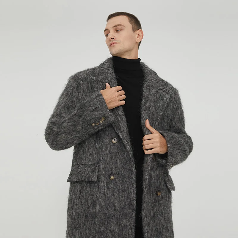 Men's Trendy Mid-length Woolen Coat Winter Thickened Casual Loose Overcoat Double Breasted Closure Warm - Image 4
