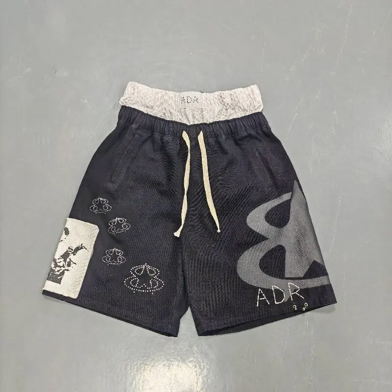 Custom Street Wear Mens Distressed Double Waist Rhinestone Gemstone Denim Jorts Summer Casual Daily Fashion Shorts gallery 7