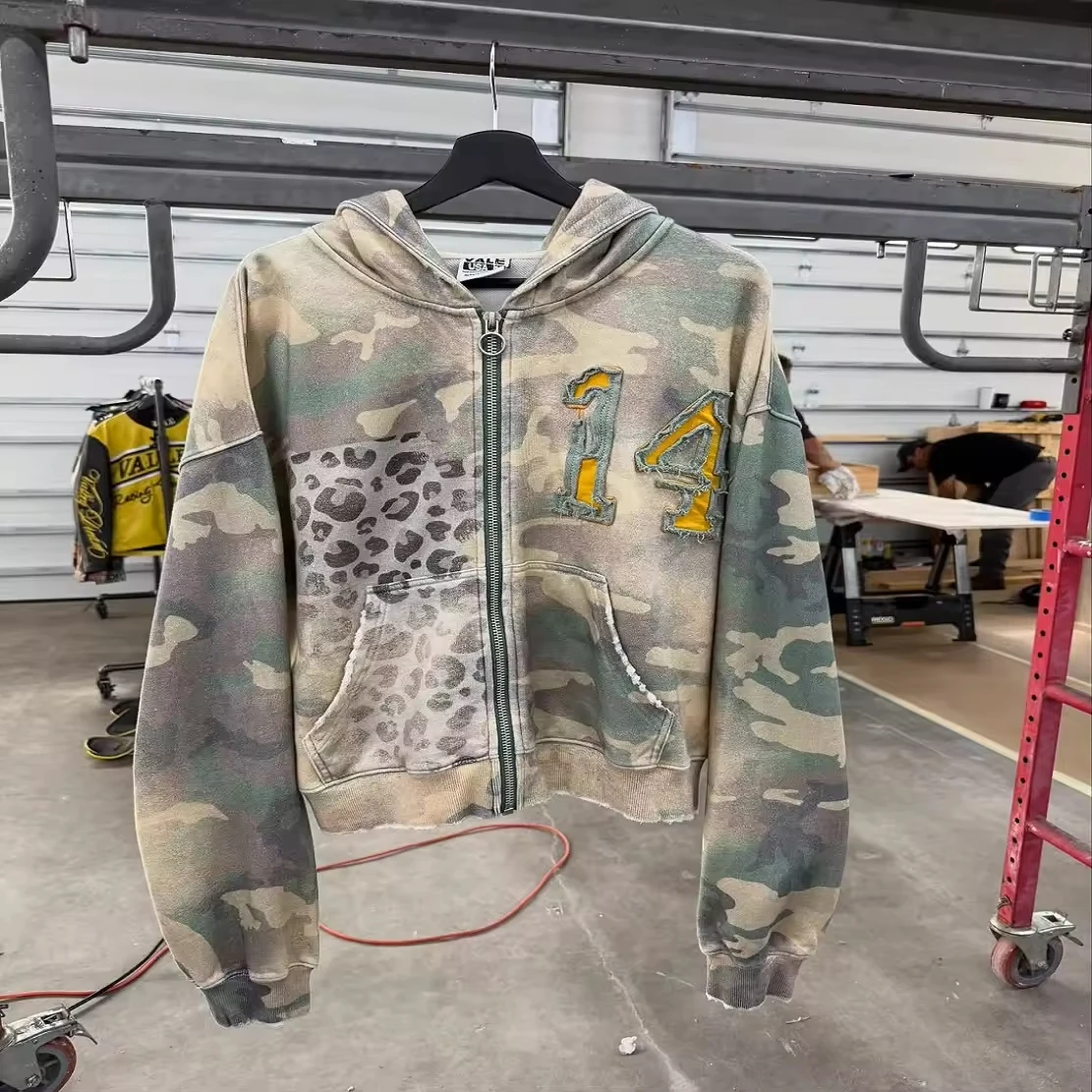 Custom Sun Faded Baggy Leopard Printed Boxy Applique Embroidery Camouflage Camo Zip up Vintage Distressed Acid Wash Hoodies Men