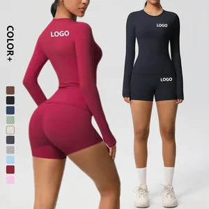 Custom Crop Top Shirt and Short Legging Yoga Sets Women Fitness Gym Workout Biker Shorts Set Long Sleeve Shorts Set