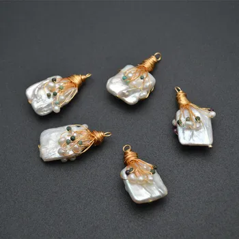 Gold Plated Wire Wrap Square shape White Pearl Pendants for Jewelry Earrings Making