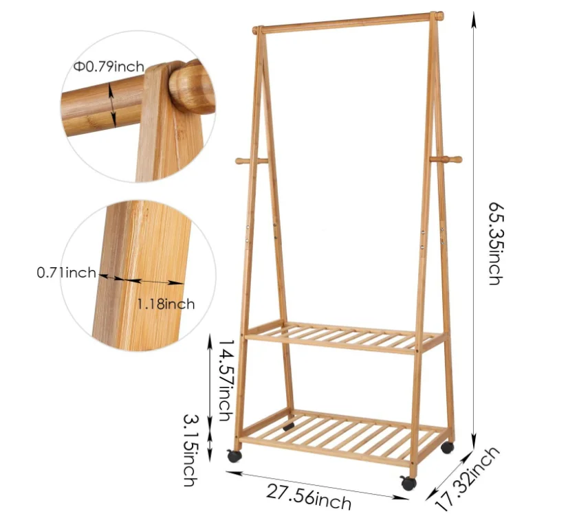 Bamboo Clothes Rack Rolling Garment Rack With Wheels And 2tier Storage