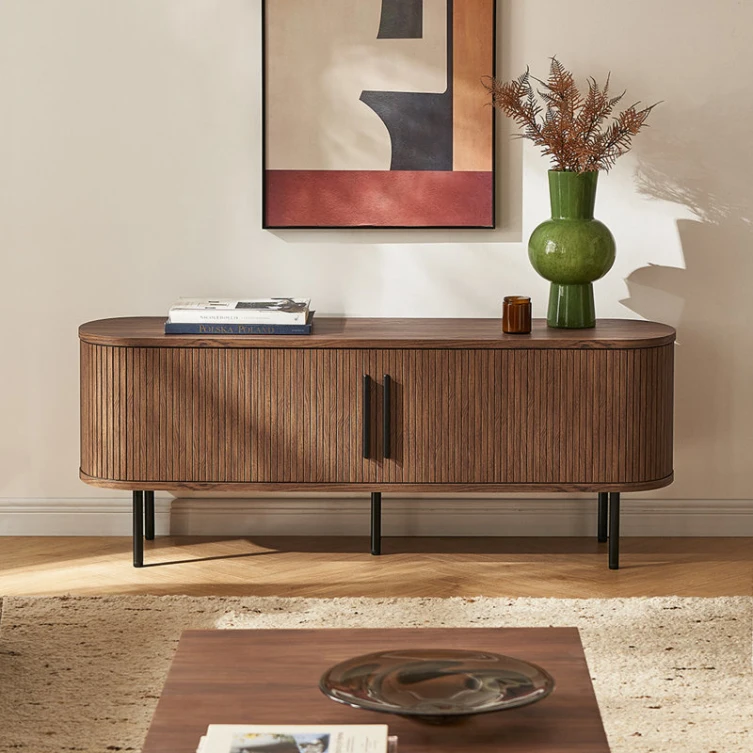 Factory Direct Brown Oak Rounded Curved Edges Tambour Door Media Console TV Cabinet Stand