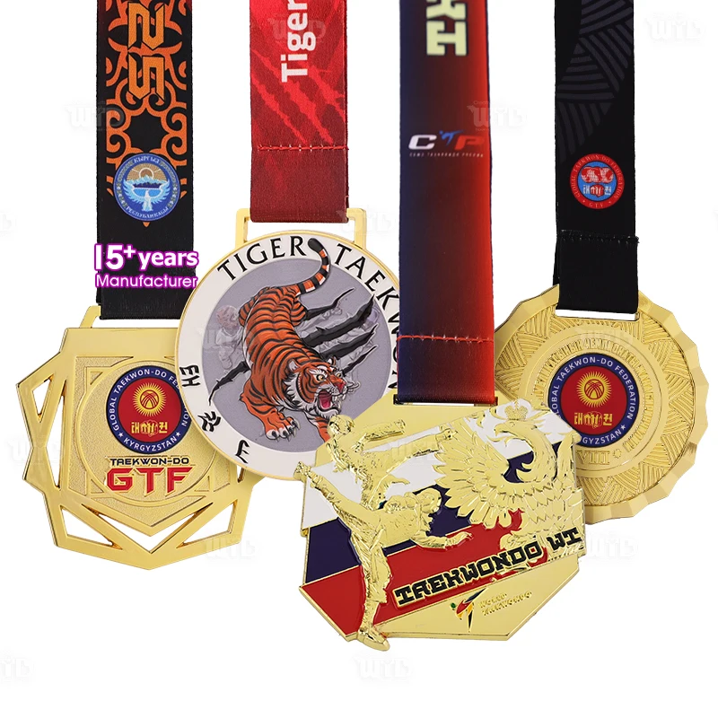 Medalha Personalizada de Taekwondo Judo Karatê Artes Marciais de Fábrica com Fitas, Medalha Dourada de Corrida Esportiva, Medalha Personalizada em 3D com Esmalte BJJ