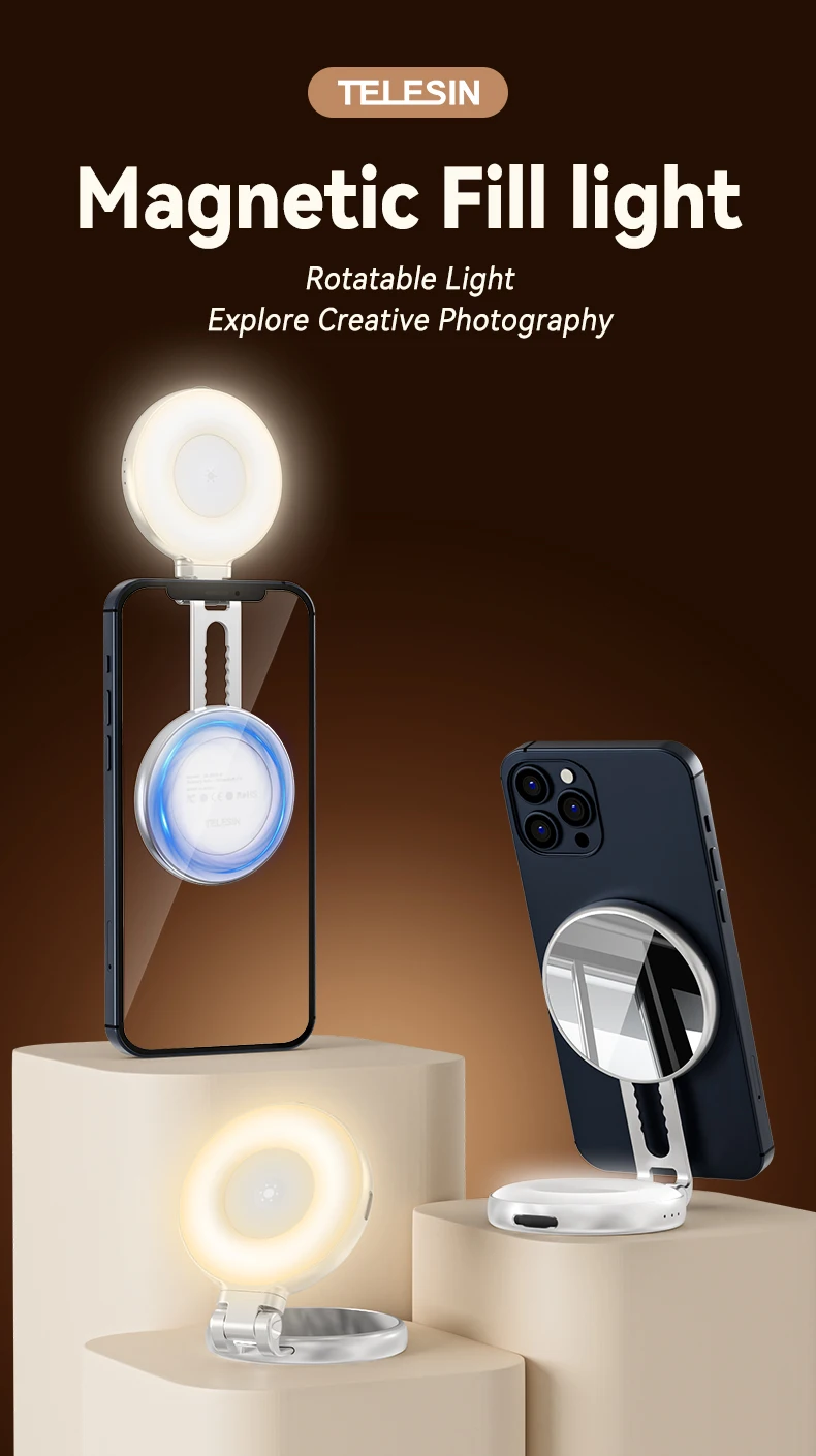 Lampe à Selfie Magnétique TELESIN C03 - Compatible MagSafe - LED CRI97 Réglable - Avec Miroir Et Support