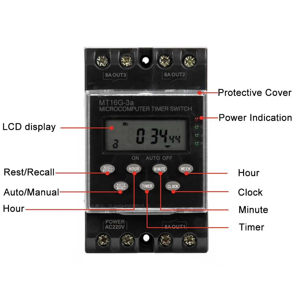Manhua Electronic Programmable Time Switch AC 220V 25A 1 Minute to 168 Hours Digital Automatic Timer Din Rail Mount MT16G-3a