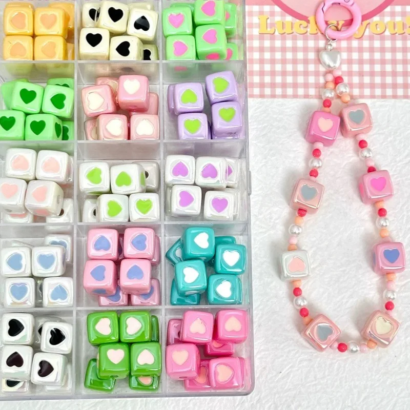 Candy Colored Coated Heart Shape Square Cube Acrylic Beads for Mobile Phone Chain Making