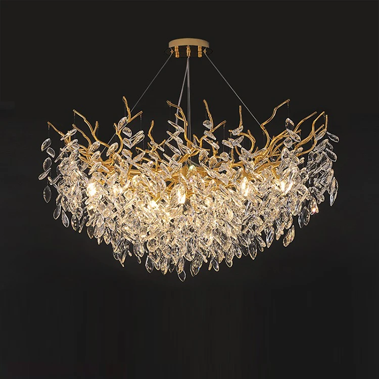 New Tree Branch Oval Crystal Design Decorative Hotel Restaurant Hanging Pendant Light Creative Aluminum Led Chandelier