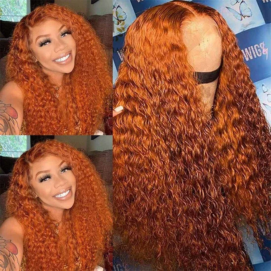 Perruque frontale en dentelle ondulée profonde orange gingembre perruques de cheveux humains en dentelle frontale transparente HD cheveux bouclés colorés_voghion.com
