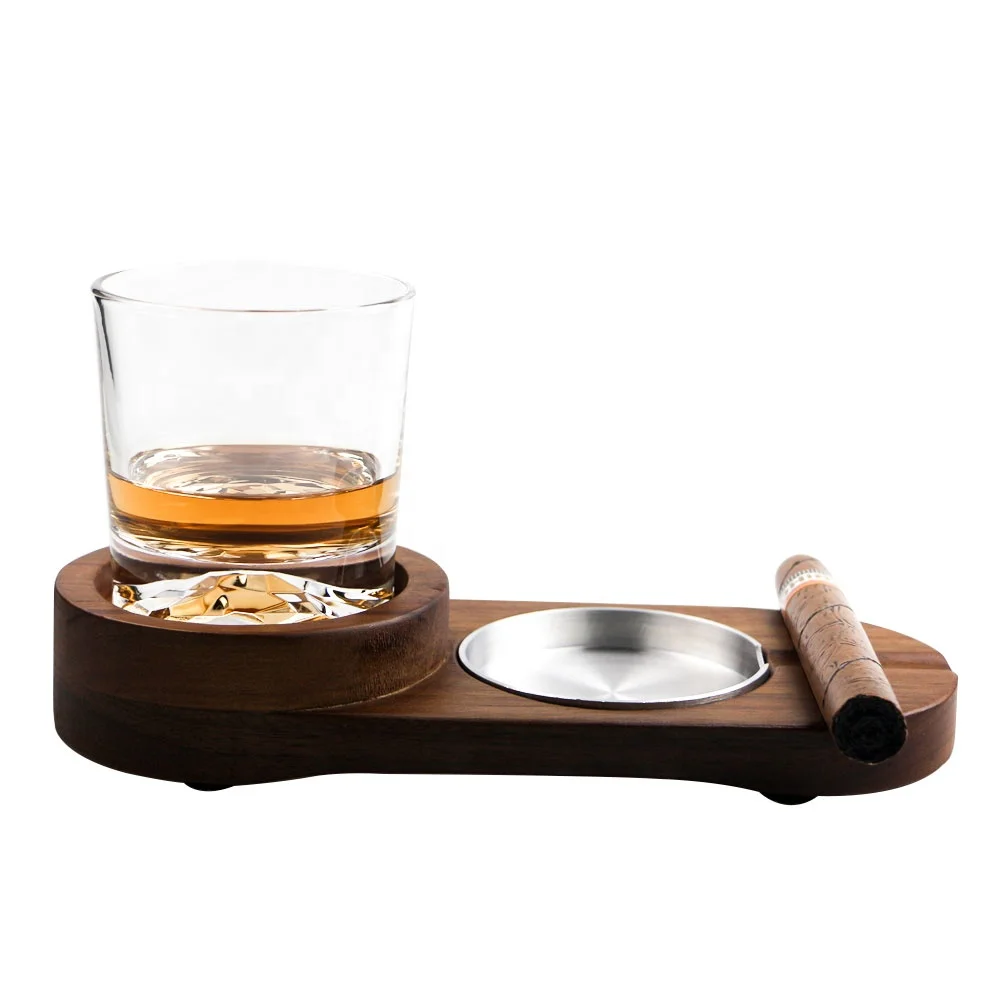 Cigar Ashtray Whiskey Glass Tray - Wood Ash Tray with Slot Hold