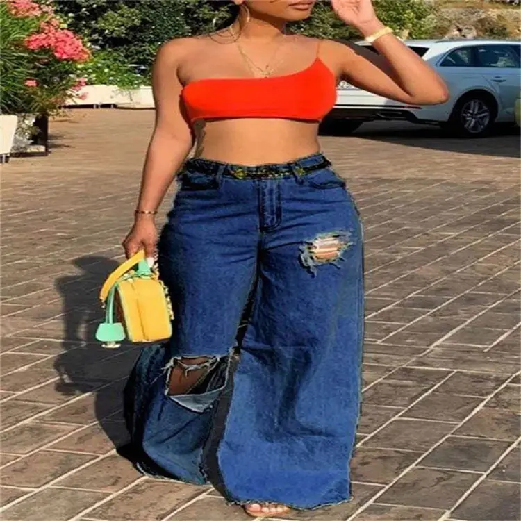 JUJULAND Pantalones rectos de dos piezas para mujer, pantalón de cintura  alta, color azul, retales, desmontable, falso, novedad de verano 2018| Pantalones vaqueros| - AliExpress