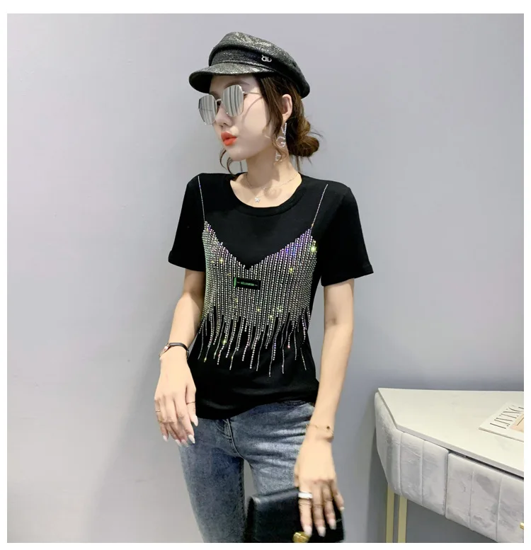 Fashion Rhinestone T Shirt Short Sleeve Women's 2021 Summer Crew Neck ...