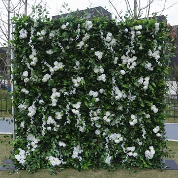 8x8 FT White Rose And Greenery Flower Wall Fabric Artificial Rolling Up Curtain Wall Wedding Party Photographer Ba