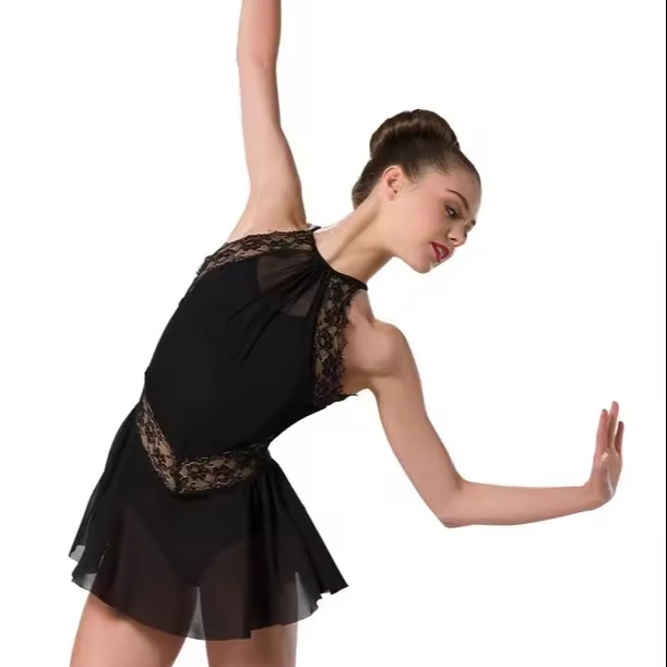 Black Lace High Neck Dance Dress for Girls Stage Contemporary Lyrical Dance  Costume