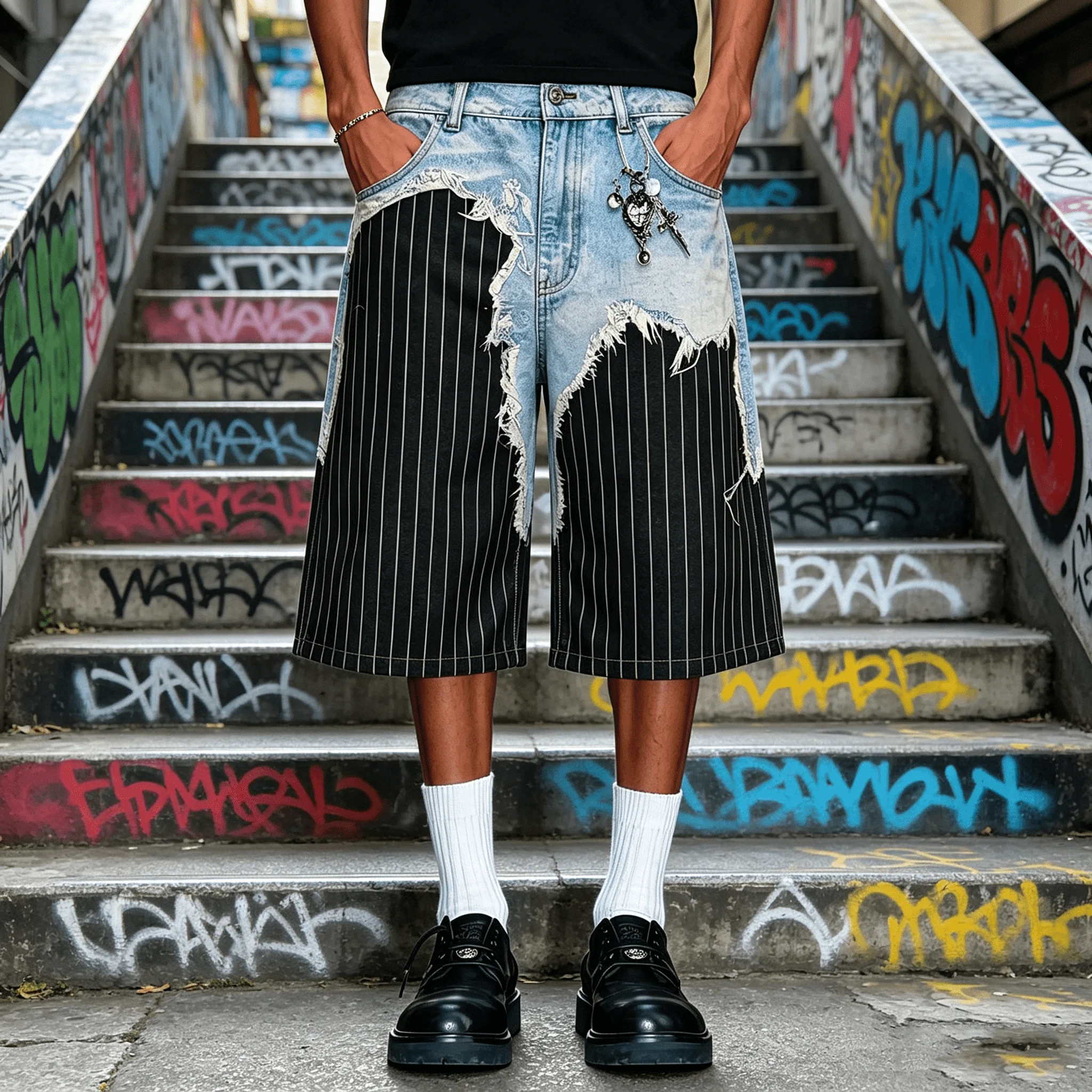 Distressed Denim Shorts Streetwear Ripped Patchwork Casual Baggy Punk Hip Hop Unisex Summer Fashion Knee Length Trousers