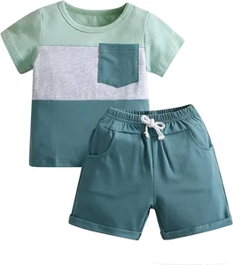 Wholesale Customizable Boy Cute Color Block Clothing Set Summer 2pcs Shirt Clothing Set