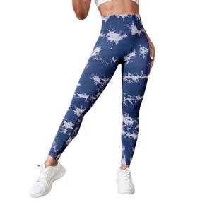 Women's Seamless Tie Dye Color Block Yoga Pants High Waist High Elastic Breathable Butt Lifting Sports Running Long Pants