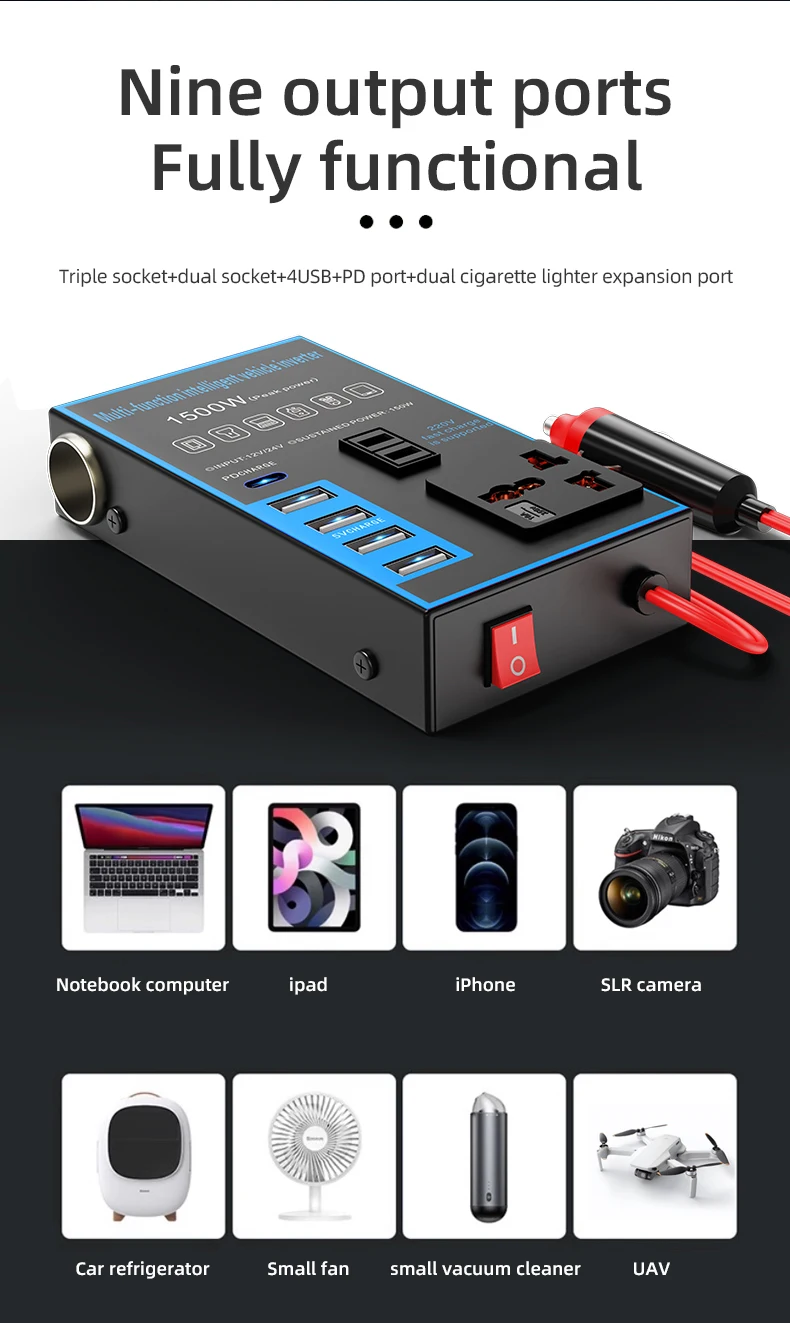 Car Multi-function 12V24VDC Converter AC220V USB Socket Fast Charge Car Power Inverter