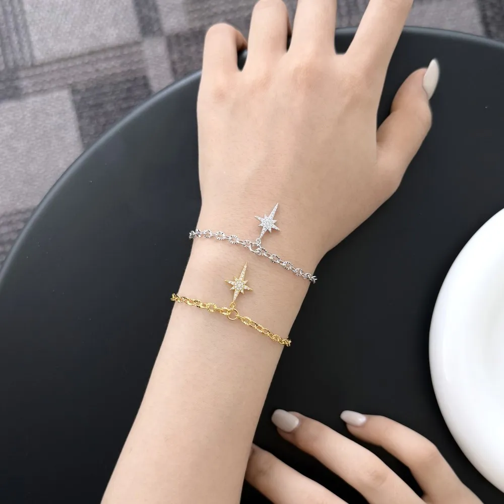 KAKODIY Women's Rhodium 18K Gold Plated Eight Point Star Bracelet 5A Zirconia Cross Tail Pendant Link Bracelet with Extender detail 2