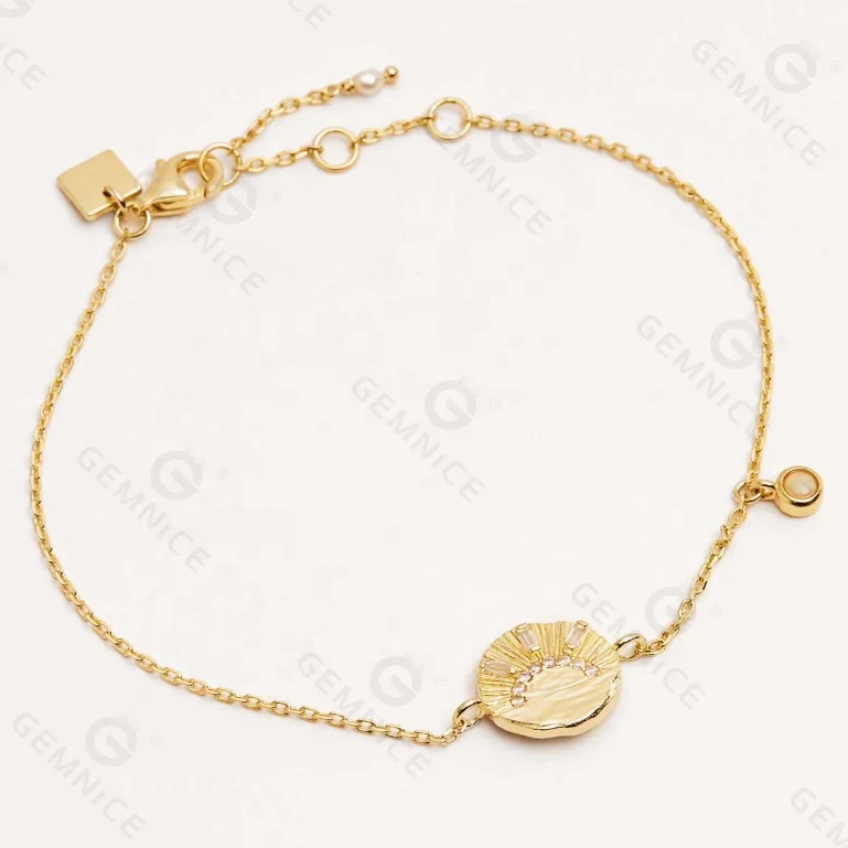 Gemnel 925 Silver 14k Gold Irregular Surface baguette Zircon Sun Coin Opal Bracelet for Women