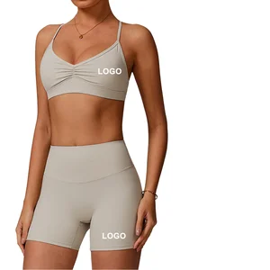 Custom Logo Nude Tight Gym Yoga Wear Fitness Sports Bra Leggings 5 Pcs Solid Blank Workout Sets High-Waisted Front for Women