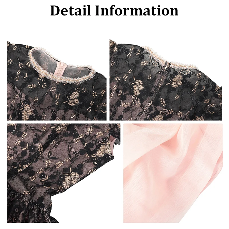 ZYHT 21689 Women's Elegant Black Lace & Blush Pink Tulle Ballgown Dress Short Sleeves Mini Flared Skirt Eco-Friendly Party Dress