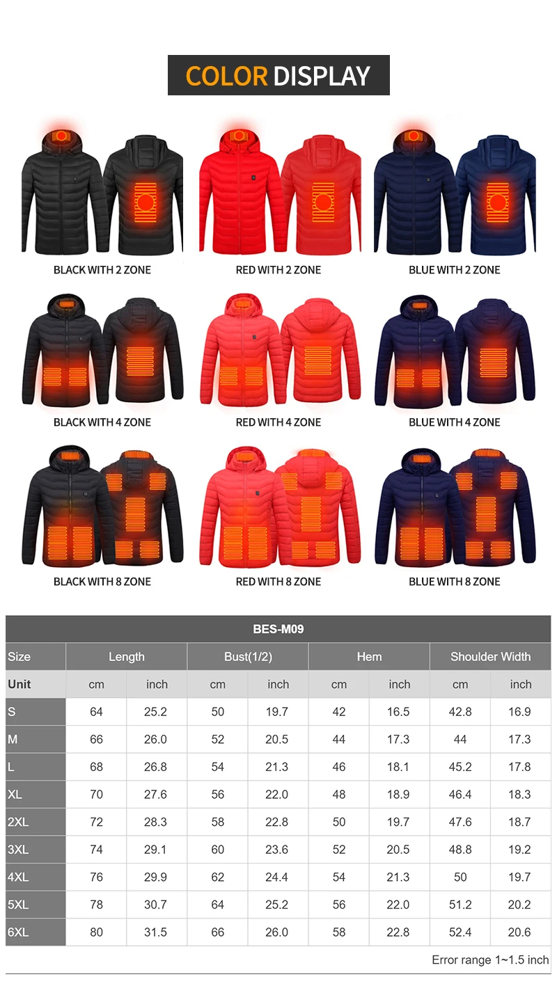Heated Jacket for Men Women, USB Electric Body Warmer Hoodie, Heating Coat  Washable with Detachable Hood | Sleeve | 3 Heat Up Level | 6 Heating Zone |  6 Pocket, IP67 Winter