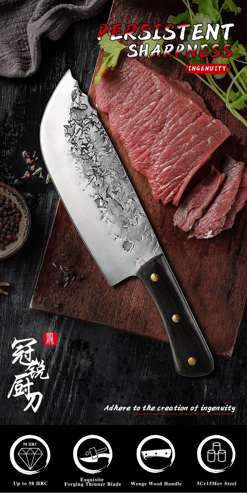 Kitchen Cooking Chef Knife 8 Inch Hammer Finished Blade Full Tang Pakka  Wood Handle High Carbon Japanese Stainless 58HRC Super Sharp Edged - China  Cleaver Knife and Kitchen Knife price