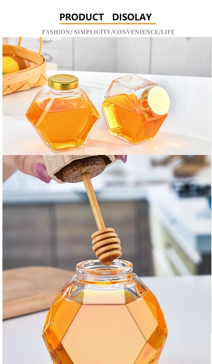 Clear Honey Pot Glass Honey Jar With Wooden Dipper And Cork Lid Cover