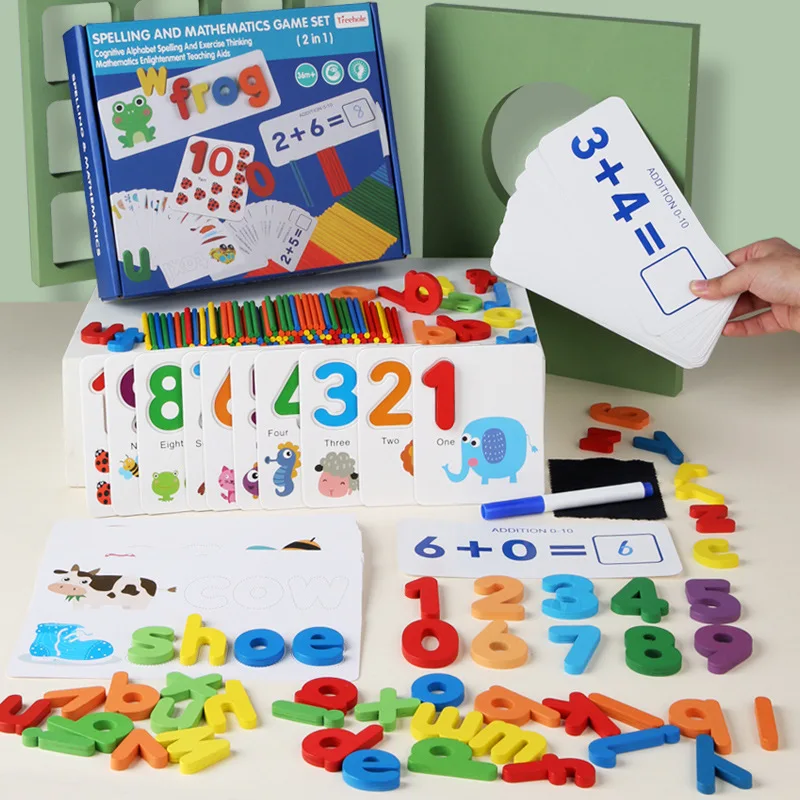 Children Wooden Spelling and Mathematics Game Set Wooden Jigsaw Puzzle Letter Cognitive Math Learning Kids Educational Toys