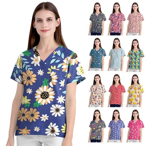 Unisex Woven Cotton V-Neck Floral Split Scrub Tops Breathable Comfortable Short Sleeves Hospital Nursing Uniform