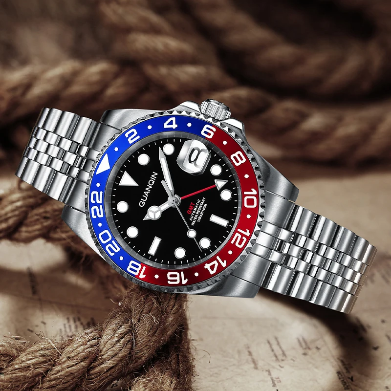Top Brand GUANQIN NH34 GMT Men Mechanical Watch Stainless Steel Sports  Waterproof Watches Automatic Clock Reloj Hombre GJ-16408