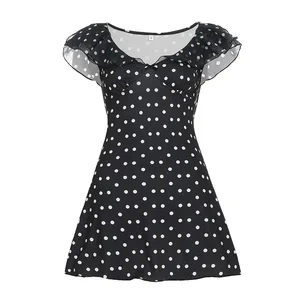 2026 Short A-line Dress with Flutter Sleeves, Polka Dots, Color Blocking, V-neck and Waist Cinching Design.