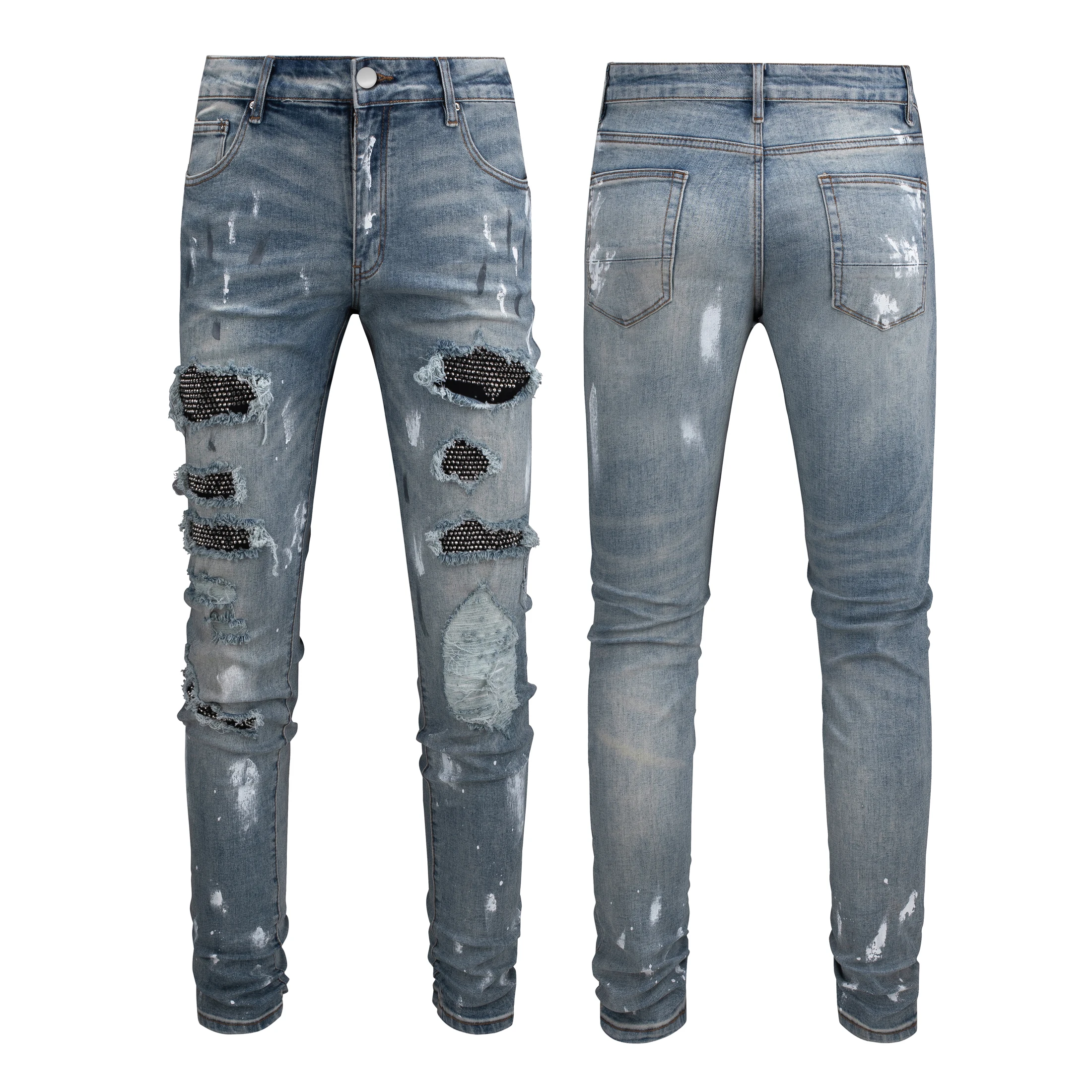 Custom Ripped Men Patches Distressed Stone Wash Quality Fashion Blue Jeans  for Men