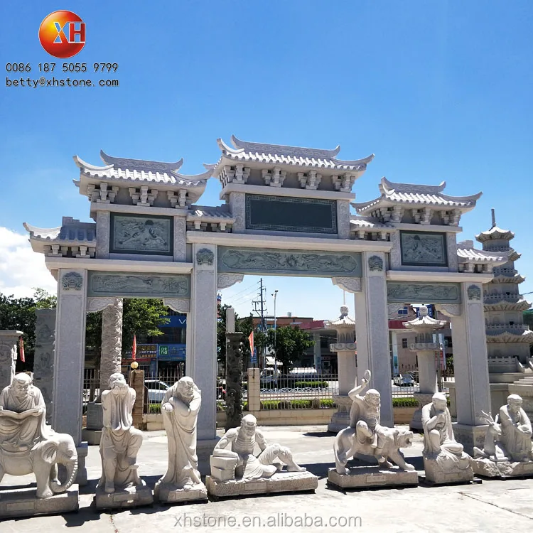 Temple Gate Tower Stone Carved Archway Chinese Tradition Landscape Garden Stone Arch With Dragon Relief Statue