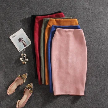 Mid-length back slit bag hip skirt suede solid color professional pencil one-step skirt
