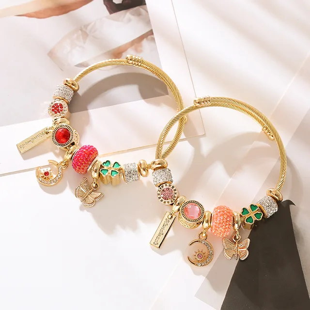 Cheap gold plated DIY Beaded Moon Butterfly charm bracelet stainless steel CZ pendant friendship open bangle bracelet for women