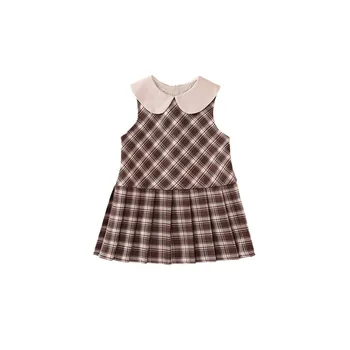 Girls' Checked Vest Baby Dresses New Spring and Summer 2025 Small and Medium Korean-style Collar Pleated Baby Princess Dress